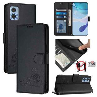 For Motorola Moto E22 4G/E22i 4G Cat Rat Embossed Pattern RFID Leather Phone Case with Lanyard(Black)