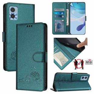 For Motorola Moto E22 4G/E22i 4G Cat Rat Embossed Pattern RFID Leather Phone Case with Lanyard(Peacock Green)