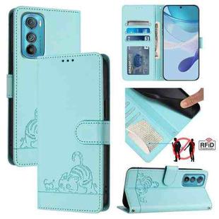 For Motorola Edge 30 Cat Rat Embossed Pattern RFID Leather Phone Case with Lanyard(Mint Green)