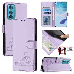 For Motorola Edge 30 Cat Rat Embossed Pattern RFID Leather Phone Case with Lanyard(Purple)