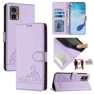 For Motorola Edge 30 Neo Cat Rat Embossed Pattern RFID Leather Phone Case with Lanyard(Purple)
