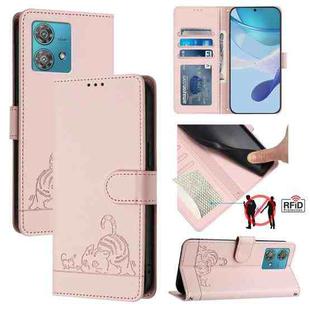 For Motorola Edge 40 Neo 5G Cat Rat Embossed Pattern RFID Leather Phone Case with Lanyard(Pink)