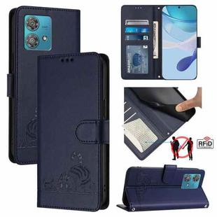 For Motorola Edge 40 Neo 5G Cat Rat Embossed Pattern RFID Leather Phone Case with Lanyard(Blue)