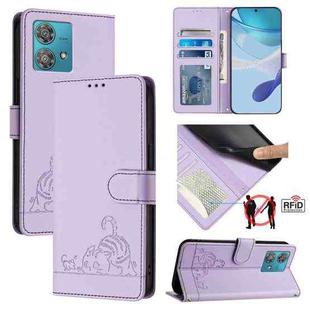 For Motorola Edge 40 Neo 5G Cat Rat Embossed Pattern RFID Leather Phone Case with Lanyard(Purple)
