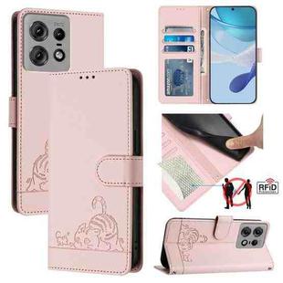 For Motorola Edge 50 Pro Cat Rat Embossed Pattern RFID Leather Phone Case with Lanyard(Pink)