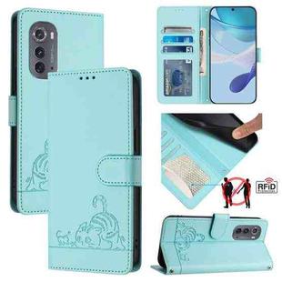 For Motorola Edge 2022 Cat Rat Embossed Pattern RFID Leather Phone Case with Lanyard(Mint Green)