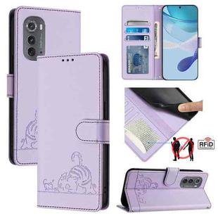 For Motorola Edge 2022 Cat Rat Embossed Pattern RFID Leather Phone Case with Lanyard(Purple)