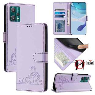 For Motorola Edge 40 Pro 5G Cat Rat Embossed Pattern RFID Leather Phone Case with Lanyard(Purple)