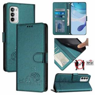 For Motorola Moto G 5G 2022 Cat Rat Embossed Pattern RFID Leather Phone Case with Lanyard(Peacock Green)