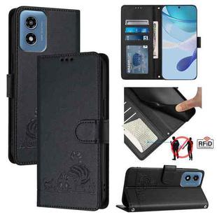 For Motorola Moto G Play 4G 2024 Global Cat Rat Embossed Pattern RFID Leather Phone Case with Lanyard(Black)