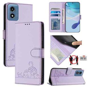 For Motorola Moto G Play 4G 2024 Global Cat Rat Embossed Pattern RFID Leather Phone Case with Lanyard(Purple)