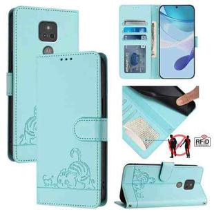 For Motorola Moto G Play 2021 Cat Rat Embossed Pattern RFID Leather Phone Case with Lanyard(Mint Green)