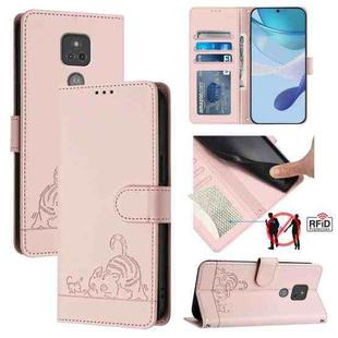For Motorola Moto G Play 2021 Cat Rat Embossed Pattern RFID Leather Phone Case with Lanyard(Pink)