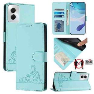 For Motorola Moto G Power 5G 2024 Cat Rat Embossed Pattern RFID Leather Phone Case with Lanyard(Mint Green)