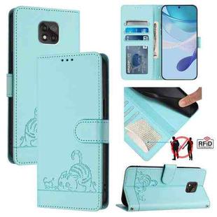 For Motorola Moto G Power 2021 Cat Rat Embossed Pattern RFID Leather Phone Case with Lanyard(Mint Green)