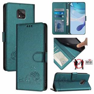 For Motorola Moto G Power 2021 Cat Rat Embossed Pattern RFID Leather Phone Case with Lanyard(Peacock Green)