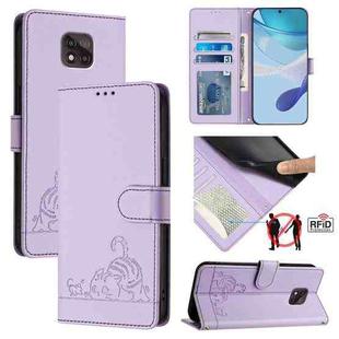 For Motorola Moto G Power 2021 Cat Rat Embossed Pattern RFID Leather Phone Case with Lanyard(Purple)