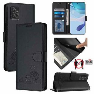 For Motorola Moto G Power 2023 Cat Rat Embossed Pattern RFID Leather Phone Case with Lanyard(Black)