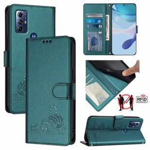 For Motorola G Pure/Moto G Play 2023 Cat Rat Embossed Pattern RFID Leather Phone Case with Lanyard(Peacock Green)