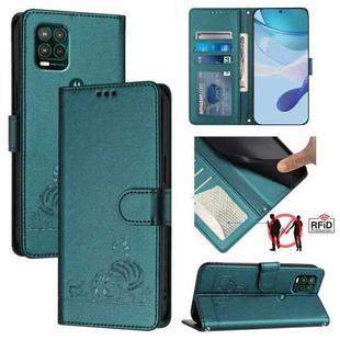 For Motorola Moto G Stylus 5G 2021 Cat Rat Embossed Pattern RFID Leather Phone Case with Lanyard(Peacock Green)