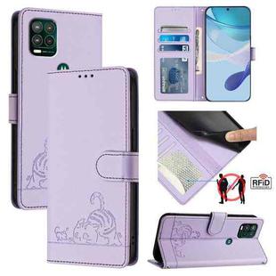 For Motorola Moto G Stylus 5G 2021 Cat Rat Embossed Pattern RFID Leather Phone Case with Lanyard(Purple)