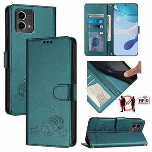 For Motorola Moto G Stylus 5G 2024 Cat Rat Embossed Pattern RFID Leather Phone Case with Lanyard(Peacock Green)