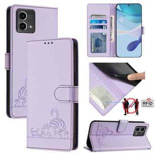 For Motorola Moto G Stylus 5G 2024 Cat Rat Embossed Pattern RFID Leather Phone Case with Lanyard(Purple)