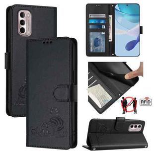 For Motorola Moto G Stylus 2022 4G Cat Rat Embossed Pattern RFID Leather Phone Case with Lanyard(Black)