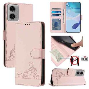 For Motorola Moto G04 4G Global Cat Rat Embossed Pattern RFID Leather Phone Case with Lanyard(Pink)