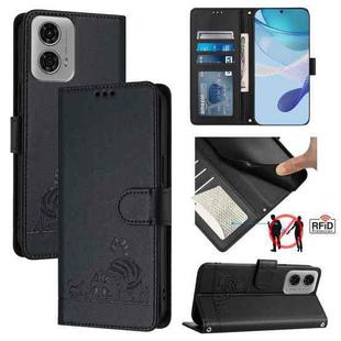 For Motorola Moto G24 4G Global Cat Rat Embossed Pattern RFID Leather Phone Case with Lanyard(Black)