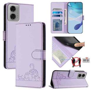 For Motorola Moto G24 4G Global Cat Rat Embossed Pattern RFID Leather Phone Case with Lanyard(Purple)