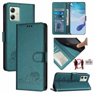 For Motorola Moto G14 4G Cat Rat Embossed Pattern RFID Leather Phone Case with Lanyard(Peacock Green)