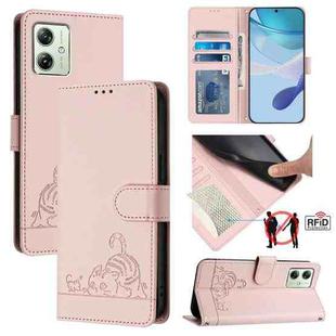 For Motorola Moto G54 Brazil Version Cat Rat Embossed Pattern RFID Leather Phone Case with Lanyard(Pink)