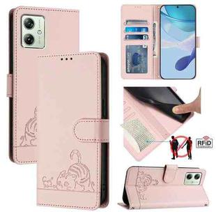 For Motorola Moto G54 5G EU Version Cat Rat Embossed Pattern RFID Leather Phone Case with Lanyard(Pink)