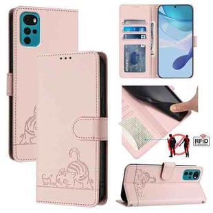For Motorola Moto E32 4G India Cat Rat Embossed Pattern RFID Leather Phone Case with Lanyard(Pink)