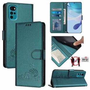 For Motorola Moto E32 4G India Cat Rat Embossed Pattern RFID Leather Phone Case with Lanyard(Peacock Green)