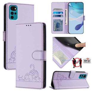 For Motorola Moto E32 4G India Cat Rat Embossed Pattern RFID Leather Phone Case with Lanyard(Purple)