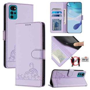 For Motorola Moto E22s 4G Global Cat Rat Embossed Pattern RFID Leather Phone Case with Lanyard(Purple)