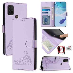 For Motorola Moto G10 Power Cat Rat Embossed Pattern RFID Leather Phone Case with Lanyard(Purple)