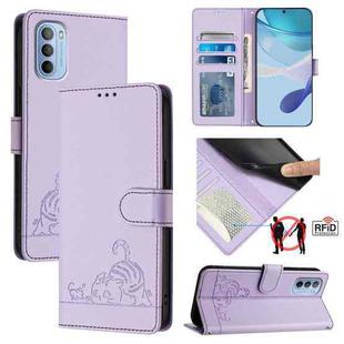 For Motorola Moto G31 4G Global/G41 4G Cat Rat Embossed Pattern RFID Leather Phone Case with Lanyard(Purple)