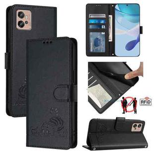 For Motorola Moto G32 Cat Rat Embossed Pattern RFID Leather Phone Case with Lanyard(Black)