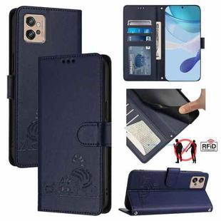 For Motorola Moto G32 Cat Rat Embossed Pattern RFID Leather Phone Case with Lanyard(Blue)