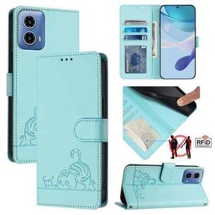 For Motorola Moto G34 Global Cat Rat Embossed Pattern RFID Leather Phone Case with Lanyard(Mint Green)