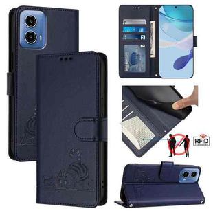 For Motorola Moto G34 Global Cat Rat Embossed Pattern RFID Leather Phone Case with Lanyard(Blue)