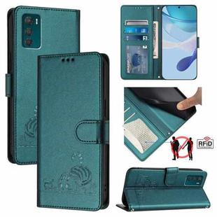 For Motorola Moto G42 Cat Rat Embossed Pattern RFID Leather Phone Case with Lanyard(Peacock Green)