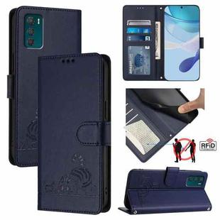 For Motorola Moto G42 Cat Rat Embossed Pattern RFID Leather Phone Case with Lanyard(Blue)