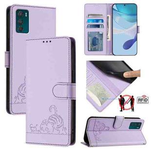 For Motorola Moto G42 Cat Rat Embossed Pattern RFID Leather Phone Case with Lanyard(Purple)