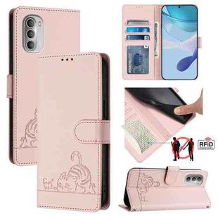For Motorola Moto G51 5G Cat Rat Embossed Pattern RFID Leather Phone Case with Lanyard(Pink)
