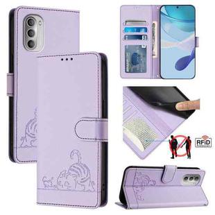 For Motorola Moto G51 5G Cat Rat Embossed Pattern RFID Leather Phone Case with Lanyard(Purple)