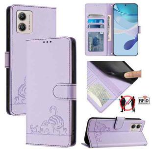 For Motorola Moto G53Y 5G/G53J 5G Cat Rat Embossed Pattern RFID Leather Phone Case with Lanyard(Purple)